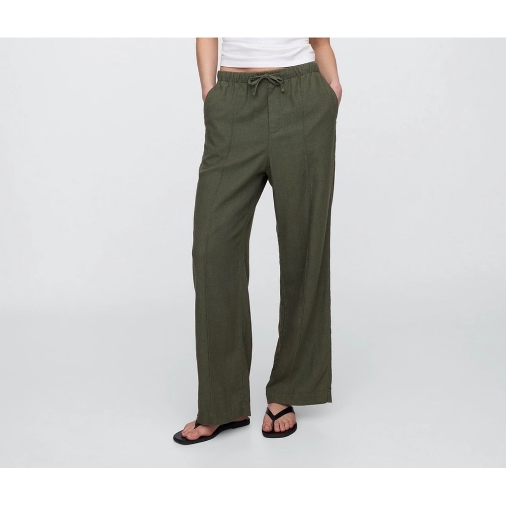 Gap Pull-On Wide-Leg Linen Blend Pants Womens L Olive Green Drawstring Casual